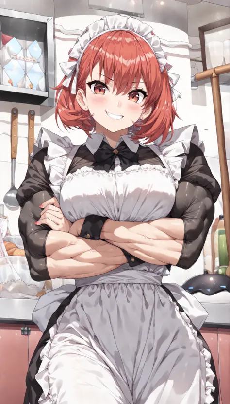 ((best quality)), ((masterpiece)), (detailed), perfect face, ((Best quality, 8k, Masterpiece: 1.3)), Sharp focus A beautiful woman, A maid showing off her muscles, she rolls up her sleeves to show off her arms, muscular muscles, strong arms, a smile of sat...