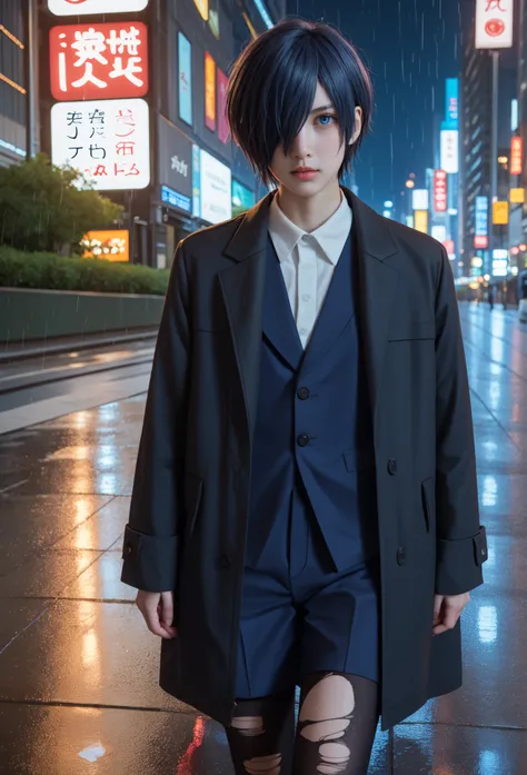 "A dark, rainy cityscape at night, with neon lights reflecting off the wet streets. In the center stands Touka Kirishima from Tokyo Ghoul, with a melancholic and contemplative expression, dark blue hair covering the left eye , dark blue eye,. She wears a l...