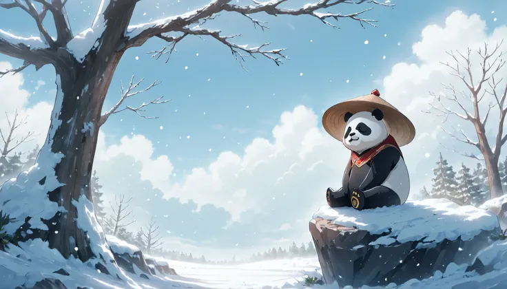  anime aestetics, chubby panda sitting on the rock, looking at the viewer, wearing chinese wide farmers hat, winter landscape, tree covered in snow close to the rock, snow falling, sky covered in bright grey clouds,atmospheric perspective, perspective, tal...