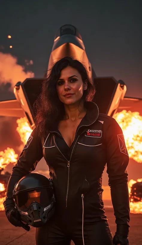 A breathtakingly beautiful female military jet pilot, radiating confidence and allure, stands in a commanding yet seductive pose, her captivating gaze locked directly on the viewer with a subtle, enchanting smile gracing her full lips. She wears a meticulo...