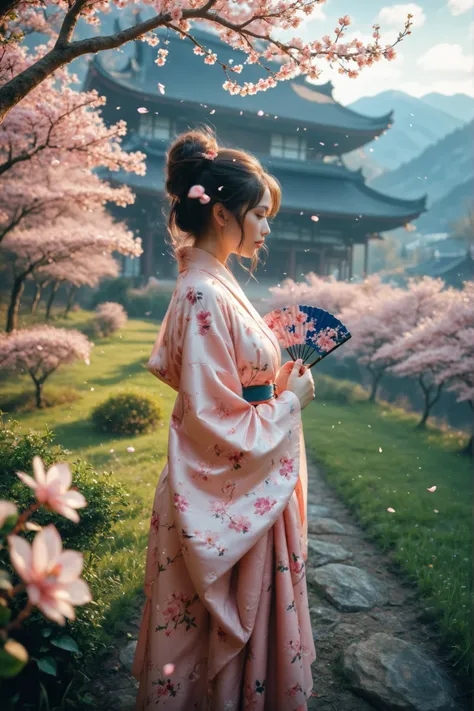A portret of stunningly beautiful woman in an elegant kimono with soft pink-white floral patterns stands gracefully amidst an endless field of blooming sakura trees. Delicate cherry blossom petals swirl gently in the air, creating a dreamy, magical atmosph...