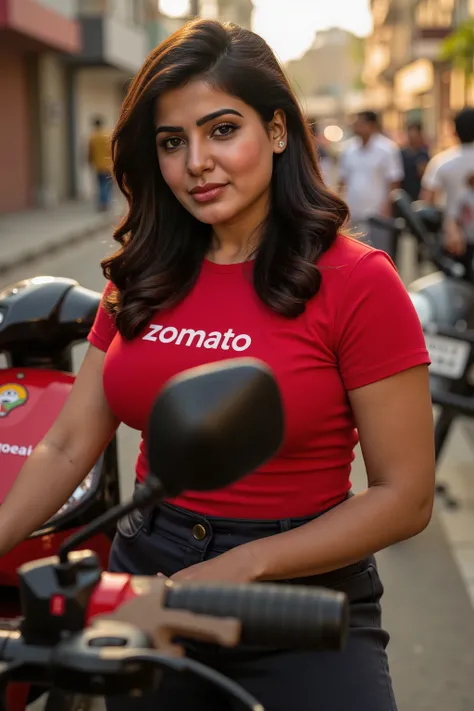 a full view of an indian lady, semi-curvy, a zomato food delivery girl, wearing tight skin fit cloth, detailed portrait, photorealistic, high quality, realistic skin, intricate facial features, expressive eyes, detailed makeup, finely textured clothing, ur...
