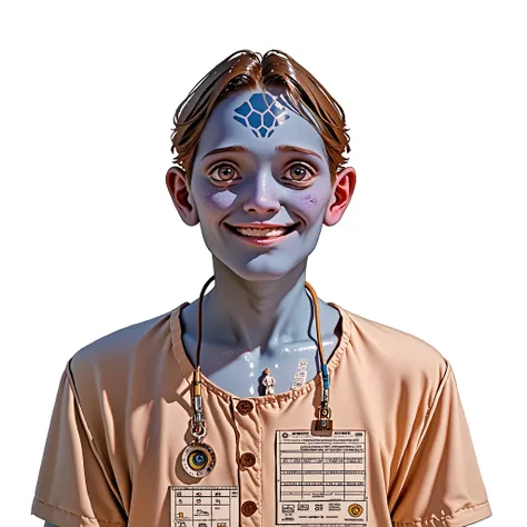 score_9, score_8_up, score_7_up, blue skinned male alien, skinny, young man, big smile, multiple metals on his chest.
student in the laboratory, He is in her laboratory in her space craft, working on a new teleport device. (Looking up at viewer) ((white b...