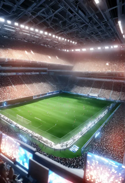 a lively football match in a packed stadium. Capture the energy and excitement of the game. 3d animated illustration