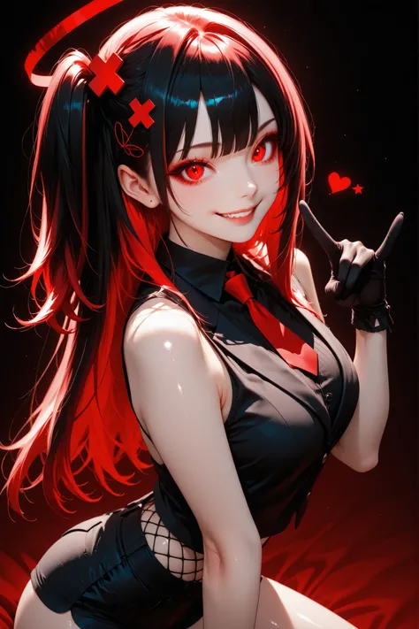 woman、one side up hair、transparent_background、sexy、sleeveless cut and sew、shorts、Red color eyes、Red highlight hair、black color hair、tie、blazer、smile、shiny hair、star shaped hair pin、peace sign、colored_eyelashes、sharp eyes、supright straddle、back、wearing eleg...