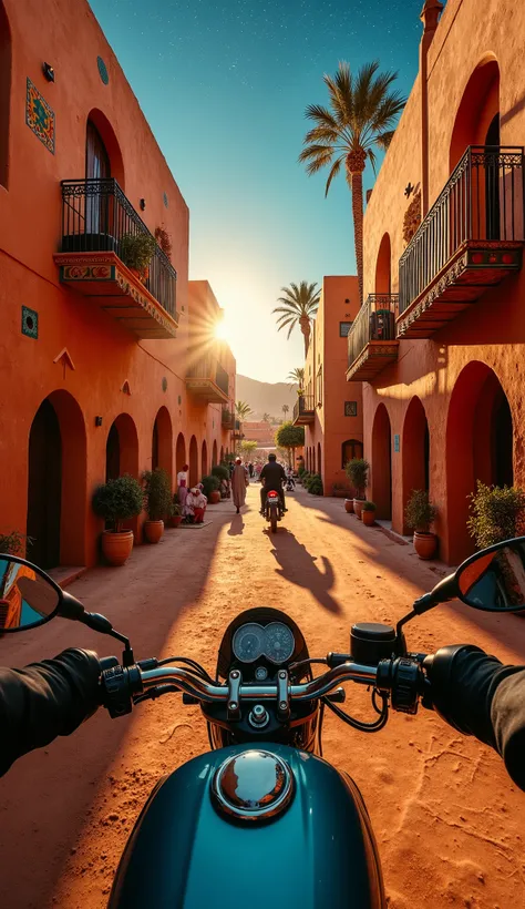 The image captures a mesmerizing first-person perspective of a motorcyclist riding through a hidden oasis in Morocco. The narrow dirt path winds between intricately carved mud-brick buildings with arched doorways and colorful geometric patterns painted on ...