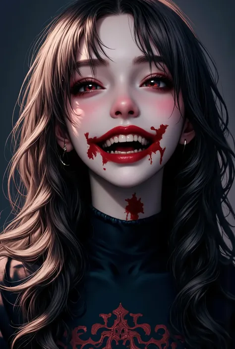 Prompt (English)
“A beautiful but sinister anime girl, with an intense, psychotic gaze. Long, messy dark hair, pale skin, striking red or violet eyes, a wicked smile with sharp teeth. She wears a gothic outfit with dark colors and lace, possibly holding ...
