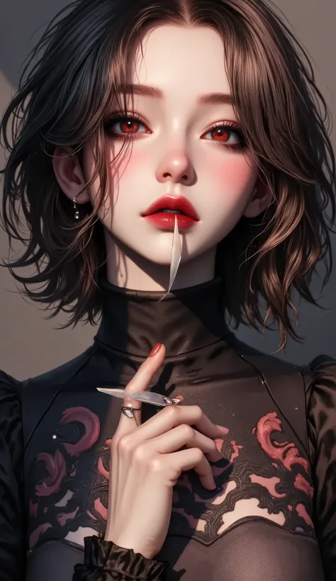 Prompt (English)
“A beautiful but sinister anime girl, with an intense, psychotic gaze. Long, messy dark hair, pale skin, striking red or violet eyes, a wicked smile with sharp teeth. She wears a gothic outfit with dark colors and lace, possibly holding ...