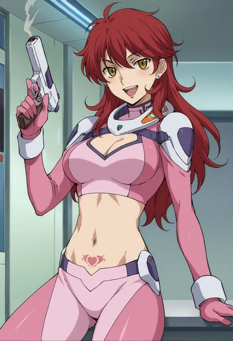 score_9,score_8_up,score_7_up,score_6_up,score_5_up,score_4_up,anime coloring BREAK source_anime,anime,nena,1girl,solo,yellow eyes,red hair,very long hair,pink pilot suit,,spacecraft,,smile,,indoors,lab,office looking_at_viewer, ear piercing, long hair, bl...
