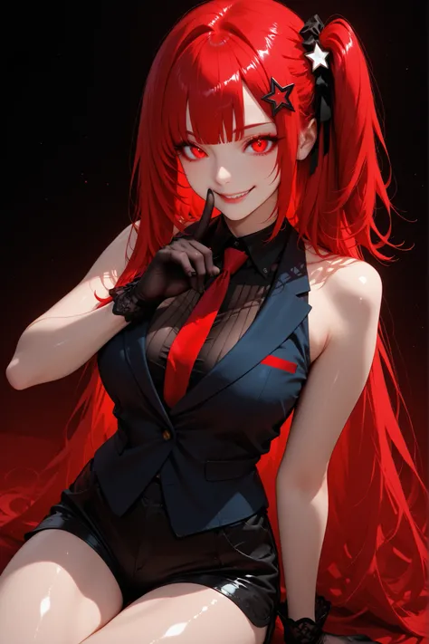 woman、one side up hair、transparent_background、sexy、sleeveless cut and sew、shorts、Red color eyes、Red highlight hair、black color hair、tie、blazer、smile、shiny hair、star shaped hair pin、peace sign、colored_eyelashes、sharp eyes、supright straddle、back、wearing eleg...