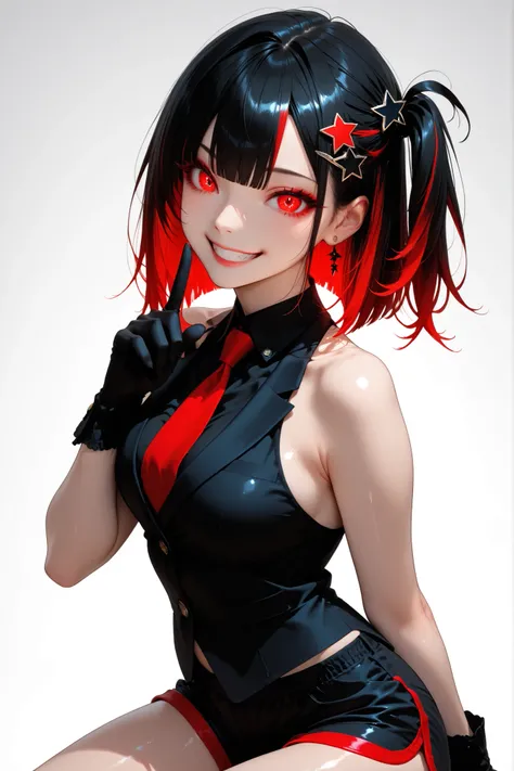 woman、one side up hair、transparent_background、sexy、sleeveless cut and sew、shorts、Red color eyes、Red highlight hair、black color hair、tie、blazer、smile、shiny hair、star shaped hair pin、peace sign、colored_eyelashes、sharp eyes、supright straddle、back、wearing eleg...