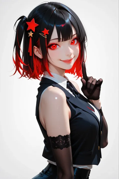 woman、one side up hair、transparent_background、sexy、sleeveless cut and sew、shorts、Red color eyes、Red highlight hair、black color hair、tie、blazer、smile、shiny hair、star shaped hair pin、peace sign、colored_eyelashes、sharp eyes、supright straddle、back、wearing eleg...