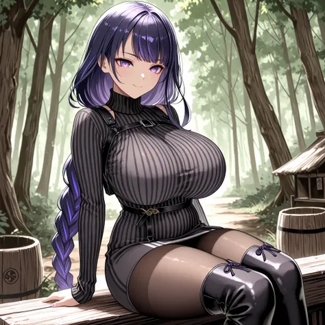 masterpiece, high quality, best quality, very aesthetic, absurd, raiden shogun, braids, long hair, one mole, one mole under the eye, purple eyes, purple hair, black sweater dress, turtleneck, striped sweater, mini striped black skirt black thigh-high boots...