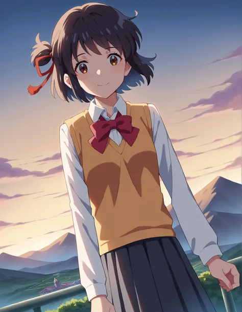score_9, score_8_up, score_7_up, source_anime,
mitsuhamiyamizu, mitsuha miyamizu, black hair, brown eyes, smile,
short hair, bow, ribbon, hair bun, school uniform, hair ribbon, bowtie, red ribbon, sweater vest, light brown sweater, shirt, white shirt, coll...