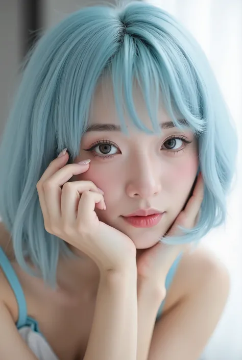 ((Viewer Aim:1.6)),1 girl、(((Smile Shyly and Blush a Little,Cropped Hair, beautiful shiny light blue hair :1.6),silver mesh )),(( Slim waist:1.3,beautiful legs:1)),((Gestures that invite the viewer:1),21 years old,(美しい accurate young hand:1,normal breasts:...