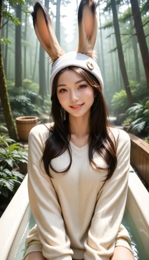 (Best Quality, in the bathroom, realistic nestled on a forest path:1.7), (VERY YOUNG VIERA GIRL:2.3), the beauty of Japan, lovely face, light smile, beautiful eyes, animal beanie , MULTI-COLORED SWEATER, closely watch the viewer