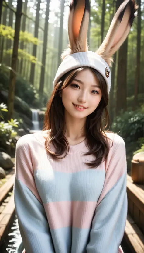(Best Quality, in the bathroom, realistic nestled on a forest path:1.7), (VERY YOUNG VIERA GIRL:2.3), the beauty of Japan, lovely face, light smile, beautiful eyes, animal beanie , MULTI-COLORED SWEATER, closely watch the viewer