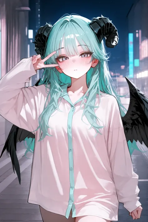 Cool , cool,파스텔 민트색 머리카락, black horns pastel mint-colored eyes, big , charismatic,Expressionless, blush,high resolution, masterpiece,top quality, Boltuch,Glamorous ,stroke,Black Wings,pastel mint color, slight smile while jogging , eyebrows with raised ti...