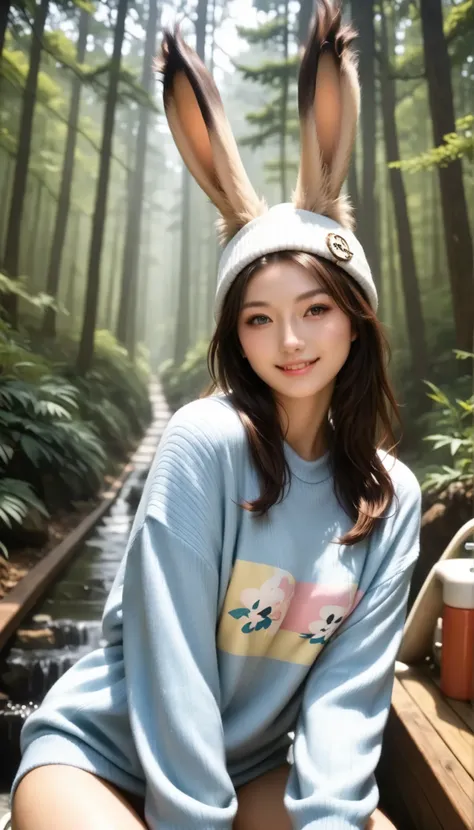 (Best Quality, in the bathroom, realistic nestled on a forest path:1.7), (VERY YOUNG VIERA GIRL:2.3), the beauty of Japan, lovely face, light smile, beautiful eyes, animal beanie , MULTI-COLORED SWEATER, closely watch the viewer