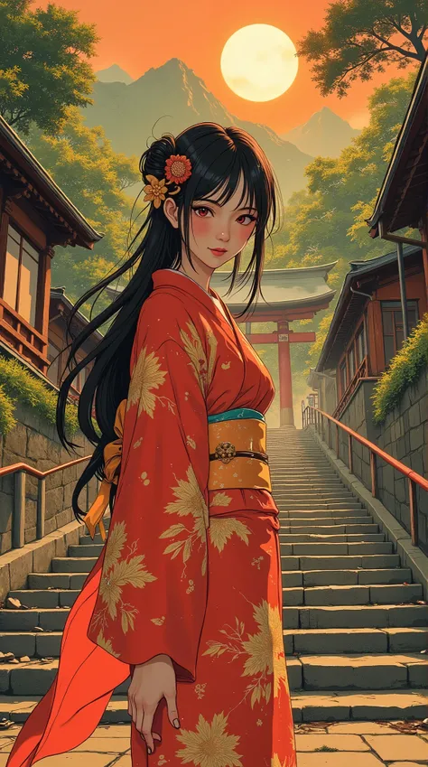 illustration of A stunningly beautiful girl, sexually suggestive illustration, ntricate linework with expressive contrasts, Stunning Japanese woman (long loose hair, sidelocks, hair ornament, red and gold silk kimono) standing at the base of a flight of st...