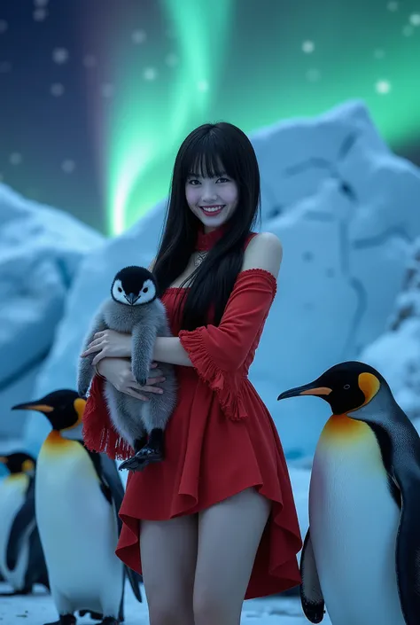 Create a portrait of a stunning Japanese female singer. She has a slender physique, small breasts, and thin legs. Her long hair features bangs, and she wears a red Gothic-style mini dress complemented by Gothic makeup. The scene captures her smiling while ...