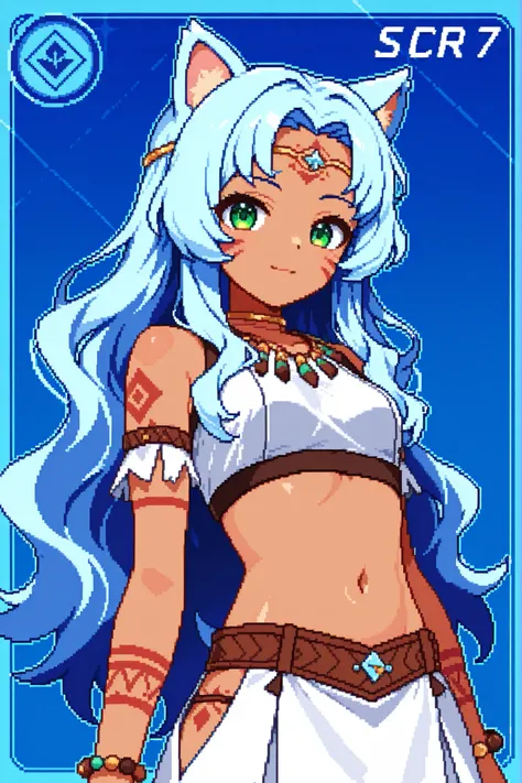 score_9, score_8_up, score_7_up, source_anime, 1girl, solo, pixel art, playingcard, elite rank icon, E, trading card, card_(medium), RPG stats, kemonomimi, hedgehog girl BREAK
Light blue hair, sidelocks, green eyes, small breasts, animal ears, very long ...