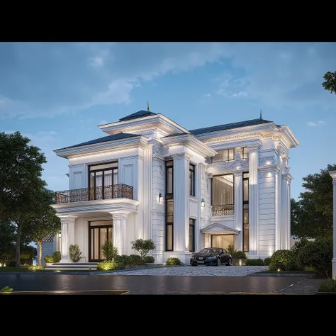 masterpiece , (photorealistic:1 . 2) , best quality , ultra high res , exterior , architechture , modern house , white wall , glass windows ,, trees , traffic road , design , trees around , blue sky , in the style of realistic hyper-detailed rendering , 32...
