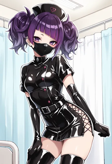 Score_9, score_8_up, score_7_up, source_anime, tanaka mamimi, solo, purple hair, short twintails, blunt bangs, diagonal bangs, purple eyes, small breasts, enamel leather dark nurse, latex dress, black latex elbow gloves, black latex legwear, latex, latex s...