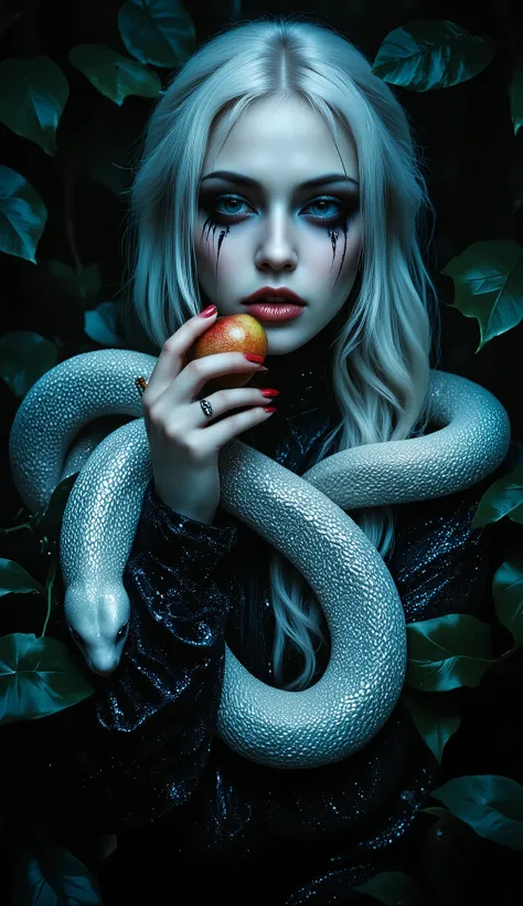 A hyper-realistic, dark fantasy portrait of a pale-skinned young woman with long, wavy white hair, surrounded by deep green foliage in a dimly lit, mystical forest. Her striking eyes are shadowed with dark makeup, and black tears stream from the corners, g...
