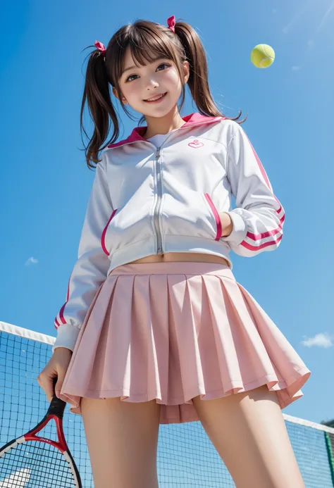 An amazingly cute Japanese girl is hitting back a tennis ball with a tennis racket in tennis wear at school club activities 、(The line of sight is on the opponent's coat)、 (wearing Japanese tennis wear on the school tennis court), (純白色のundercoat that stand...