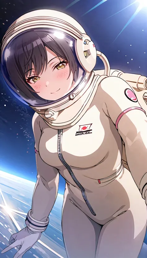 (spacesuit:1.15), white cargo pants, astronaut)bub ble helmet, space helmet, white gloves, smile, half closed eyes, blush, low-angle view , underneath, outer space, alone, masterpiece, best quality, 1girl, beautiful, image from down below, solo, ShiraseSak...