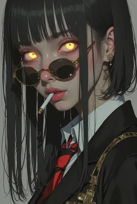 Close-up of a girl's portrait,Very close, looking down,gold glasses,Burning cigarette,elegant suit,red tie with black stripes,Ojos amarillos,Broken pupil,detailed lip sunglasses,dark environment,bright eyes,dark background, yellow eyes on the background,in...