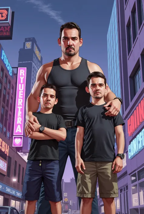 A colorful illustration, GTA style, of The father and two son o and o, badass.