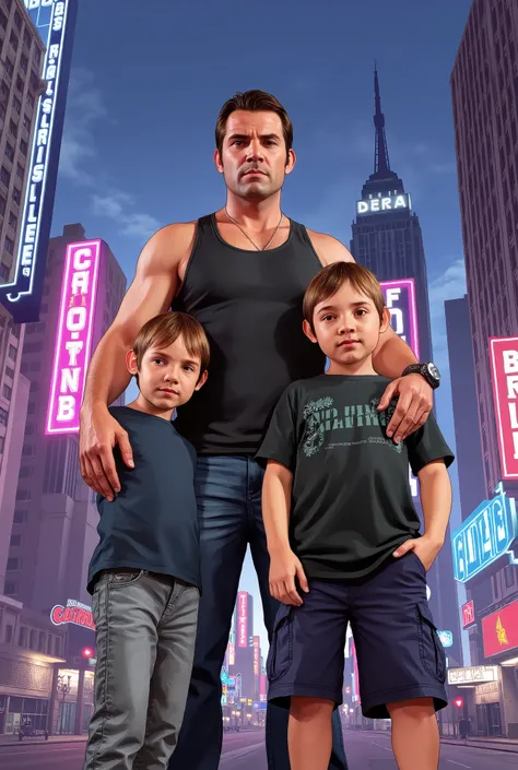 A colorful illustration, GTA style, of The father and two son o and o, badass.