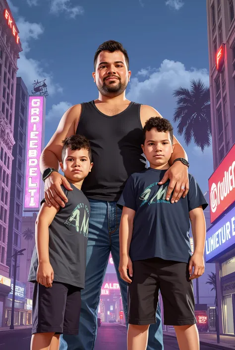 A colorful illustration, GTA style, of The father and two son o and o, badass.