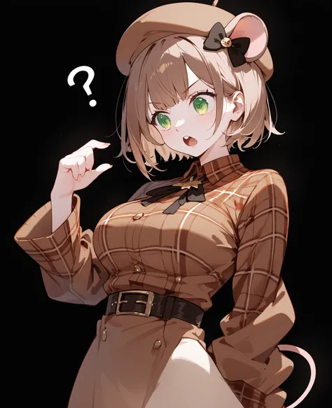 girl,Mouse Ear,with light brown hair,in green eyes,,for short hair,, comic dress,big breasts,cute,brown short skirt,Slim legs,With rat tail,Sherlock Holmes series ,black black background,Put on a brown hat,brunette dress ,Long Sleeve Brown Shoulder Robe,ต้...