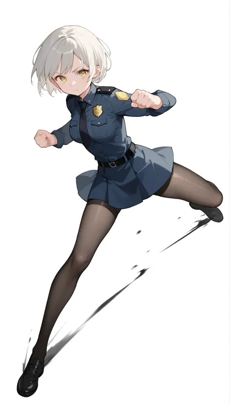 score_9, score_8_up, score_7_up, ((masterpiece)), (best quality), 1girl, solo, Simple background, temptation, delicate face, Battle Pose , Thomas slalom kick, full body, silver short hair, long sideburn, yellow delicate eyes, Disdainful Eyes, Black Stock...