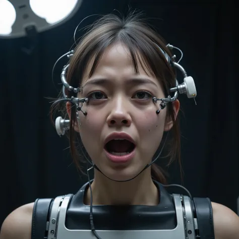Masterpiece alien abduction and braincontrol photo, photorealistic close up portrait of a young extremely anxious japanese girl (((((((looking into camera in maximum mortal fear and panic, extremely horrified distorted face, wide open mouth crying, wide op...