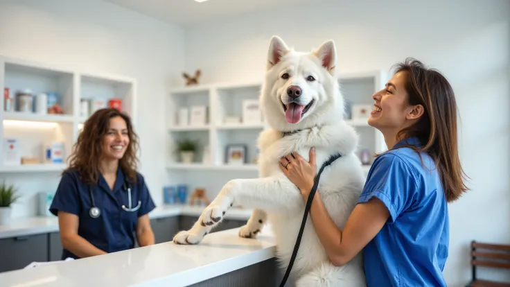 The image shows a scene in a veterinary clinic or pet store.
On the right is a woman wearing a blue shirt, smiling and holding a big white dog. dog, maybe, of the Iberian Mountain Dog or something similar, standing on her hind legs and put her front legs ...