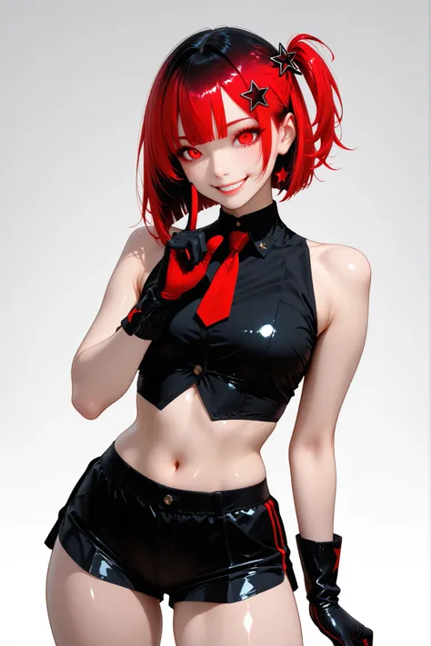 woman、one side up hair、transparent_background、sexy、sleeveless cut and sew、shorts、Red color eyes、Red highlight hair、black color hair、tie、blazer、smile、shiny hair、star shaped hair pin、peace sign、colored_eyelashes、sharp eyes、supright straddle、back、wearing eleg...