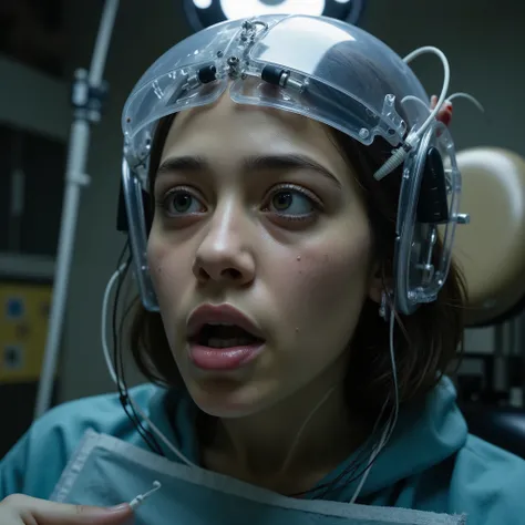 Masterpiece alien abduction and braincontrol photo, photorealistic close up portrait of a young extremely tortured peruvian girl (((((((maximum painful expression, mortal fear and panic, extremely horrified distorted face, open mouth, clenched jaw, painful...