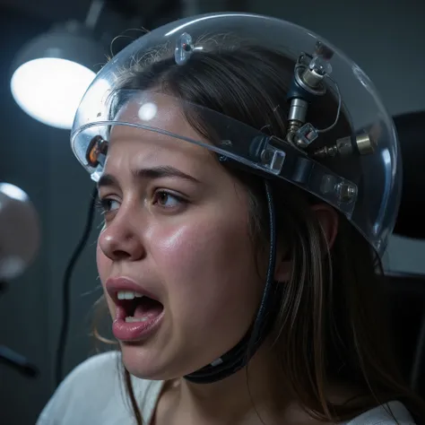 Masterpiece alien abduction and braincontrol photo, photorealistic close up portrait of a young extremely tortured peruvian girl (((((((maximum painful expression, mortal fear and panic, extremely horrified distorted face, open mouth, clenched jaw, painful...