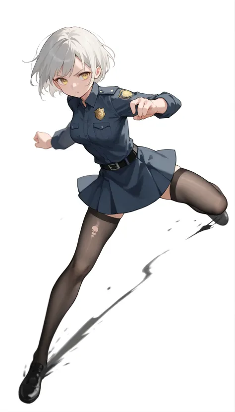 score_9, score_8_up, score_7_up, ((masterpiece)), (best quality), 1girl, solo, Simple background, temptation, delicate face, Battle Pose , Thomas slalom kick, full body, silver short hair, long sideburn, yellow delicate eyes, Disdainful Eyes, Black Stock...