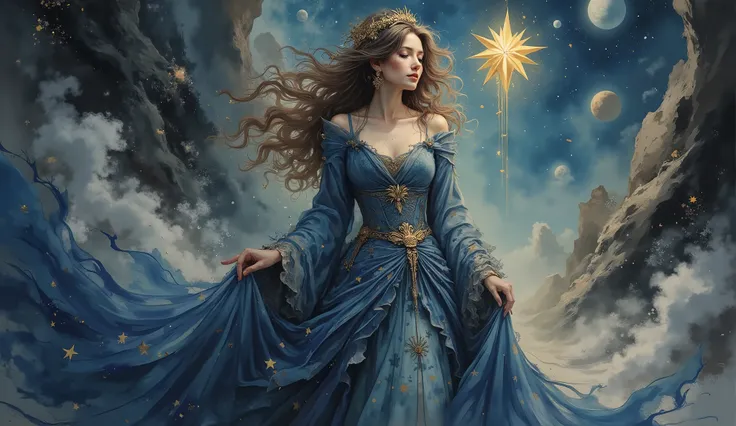 elegante, flowing curly hair, celestial-themed gown with stars and gradient of blues e ouro, fabric ornamented with intricate patterns, , golden brooch accessories, holding a golden string, pose standing with the body slightly turned, serene and majestic e...