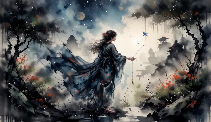 elegante, flowing curly hair, celestial-themed gown with stars and gradient of blues e ouro, fabric ornamented with intricate patterns, , golden brooch accessories, holding a golden string, pose standing with the body slightly turned, serene and majestic e...