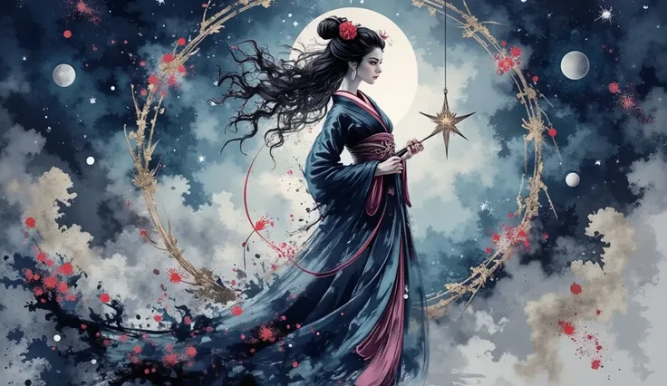 elegante, flowing curly hair, celestial-themed gown with stars and gradient of blues e ouro, fabric ornamented with intricate patterns, , golden brooch accessories, holding a golden string, pose standing with the body slightly turned, serene and majestic e...