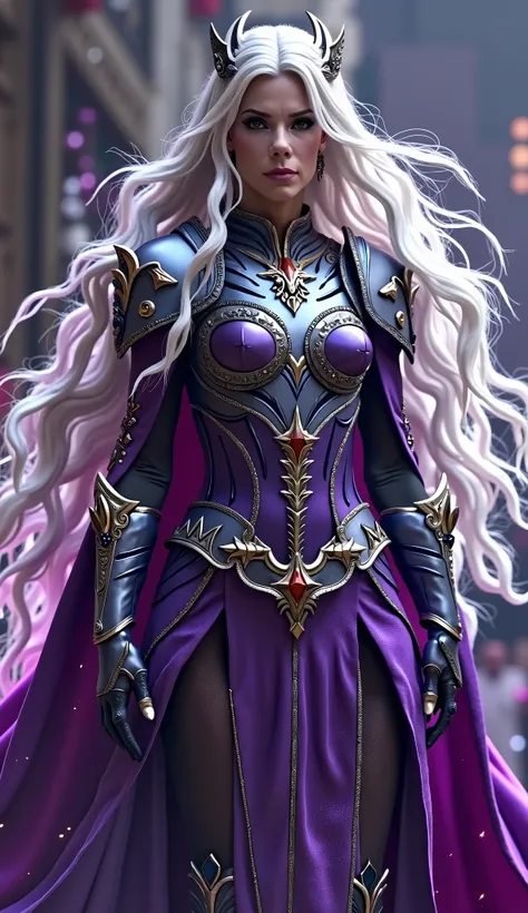 Sandra Bullock Sindel in a majestic performance: Imposing queen of Edenia. Wearing purple and silver armor adorned with dark details ,  she exudes an aura of absolute power  , , combining the elegance of royalty with the threat of an immortal warrior . sil...