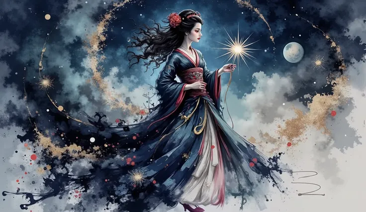elegante, flowing curly hair, celestial-themed gown with stars and gradient of blues e ouro, fabric ornamented with intricate patterns, , golden brooch accessories, holding a golden string, pose standing with the body slightly turned, serene and majestic e...