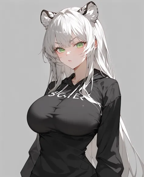 girl,ผมสีน้ำตาล,long hair, tiger ears,,Black sweatshirt,gray background,in dark green eyes,Fierce face,thin,thinเพรียว,standing,,Confused,big breasts,Open your mouth,ผมสีน้ำตาล