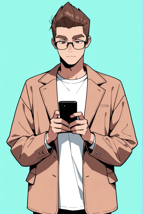 (best quality:1.1), (ultra-detailed), best illustration, (portrait:1.1), (cartoon drawing), oung man, (((boy))), alone, (medium quiff brown hair), (brown eyes with detailed prescription glasses with a black frame), (brown eyebrows), (wearing a shirt and a ...